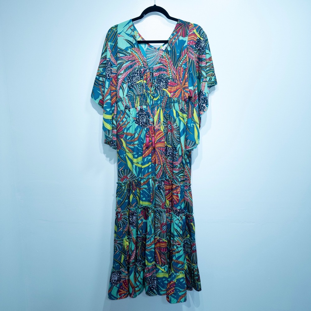 New Boemo Anthropologie Green Tropical Floral Kimono Sleeve Maxi‎ Dress Large